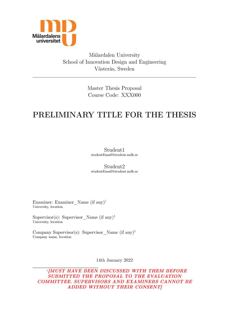 Malardalen University - IFT Thesis Proposal Template