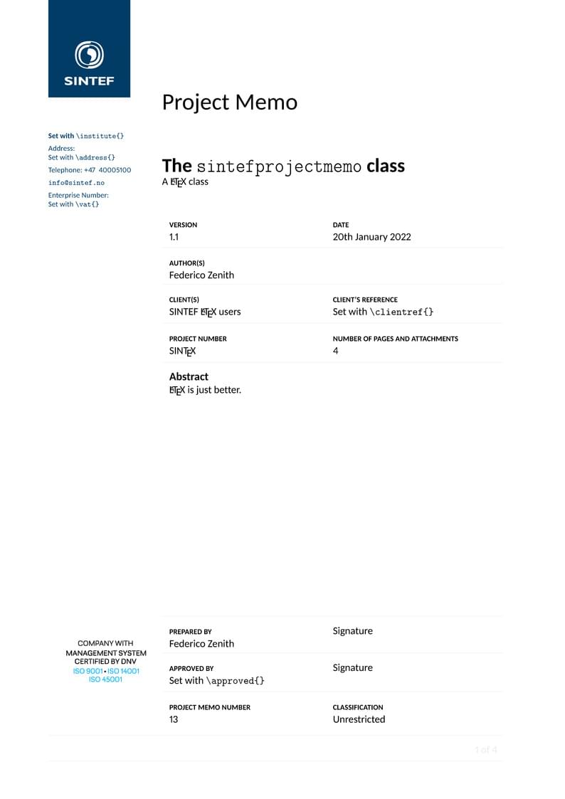 SINTEF Project Memo