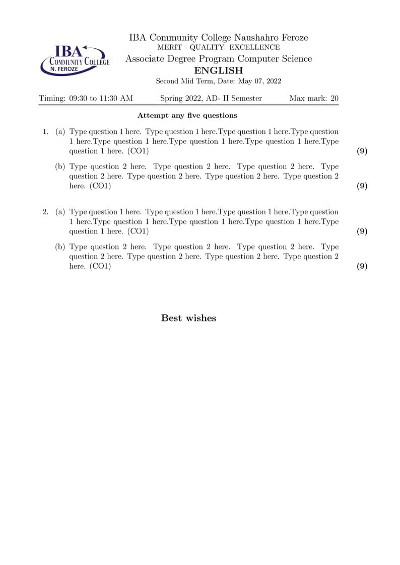 Template AD question paper IBA Community College Naushahro Feroze