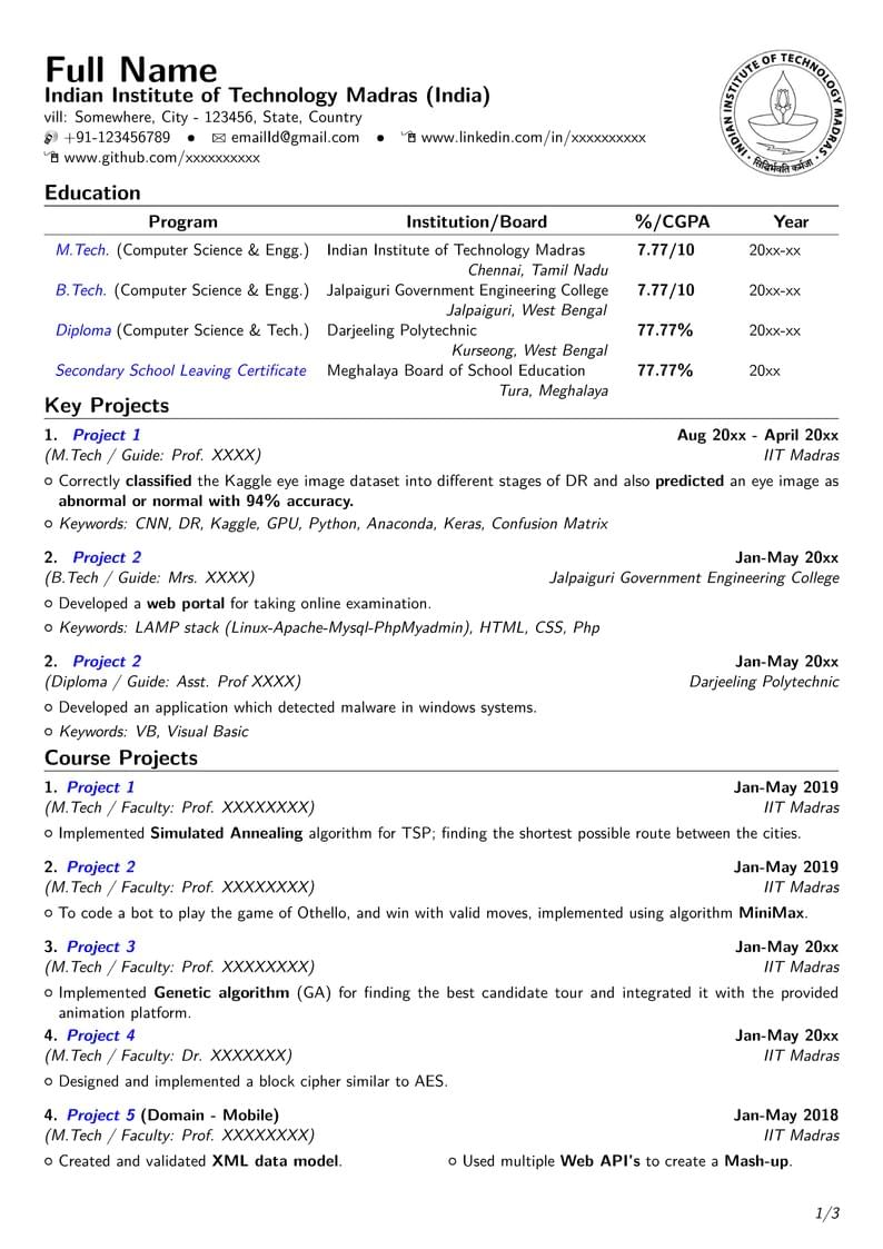 IIT Madras Resume Template (2-page)