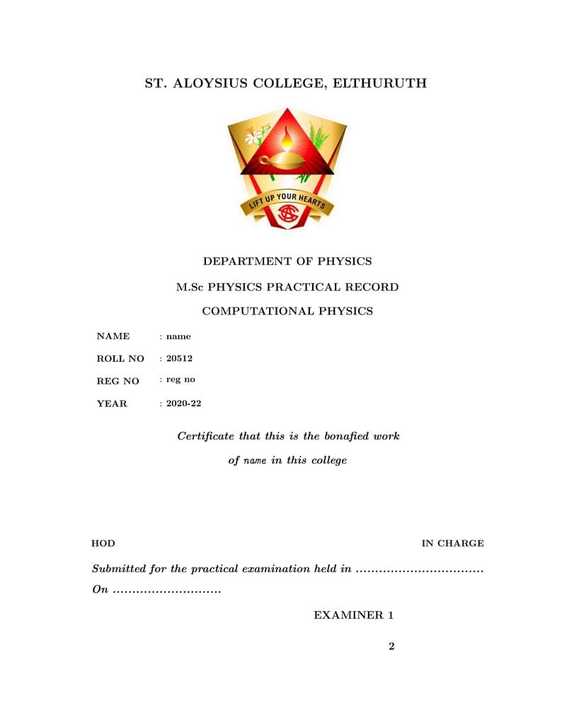 Cover page for practical records