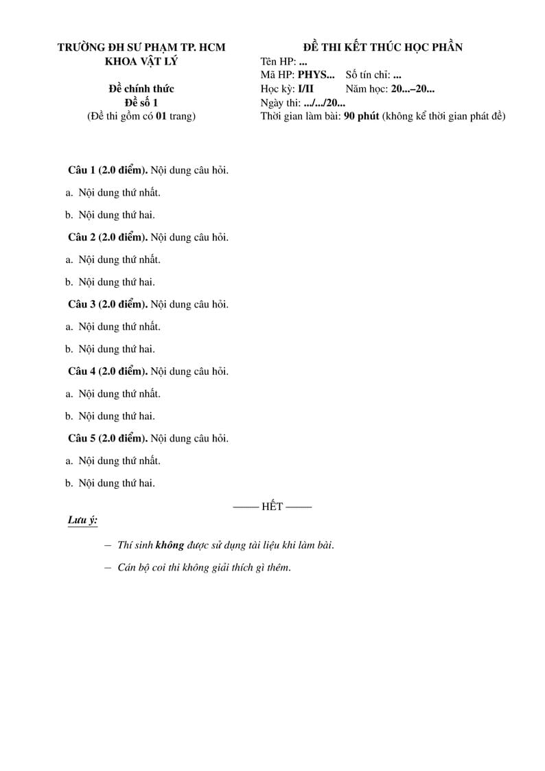 Mẫu đề thi tự luận kết thúc học phần HCMUE