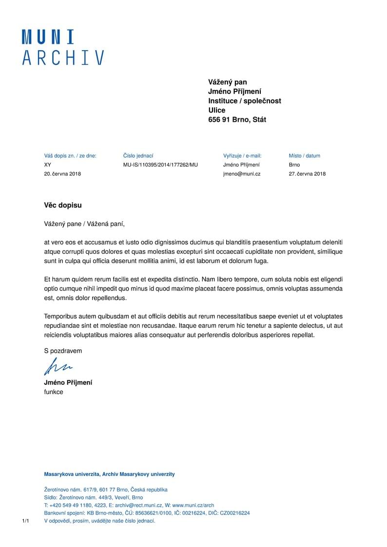 A Letter Template for the University Archives at the Masaryk University in Brno
