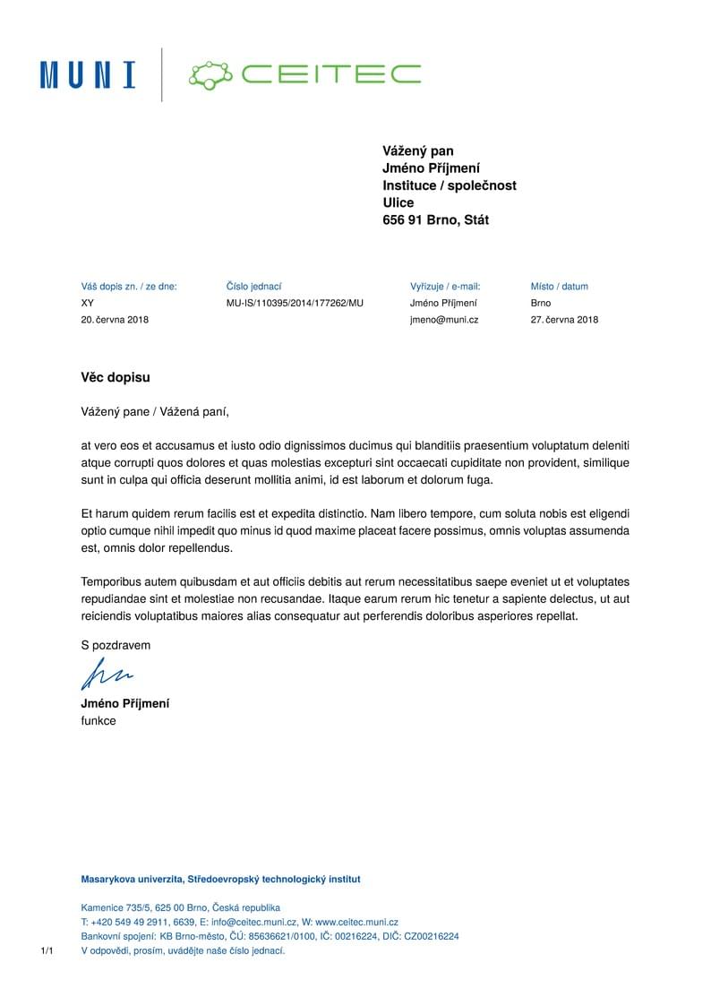 A Letter Template for the Central European Institute of Technology at the Masaryk University in Brno