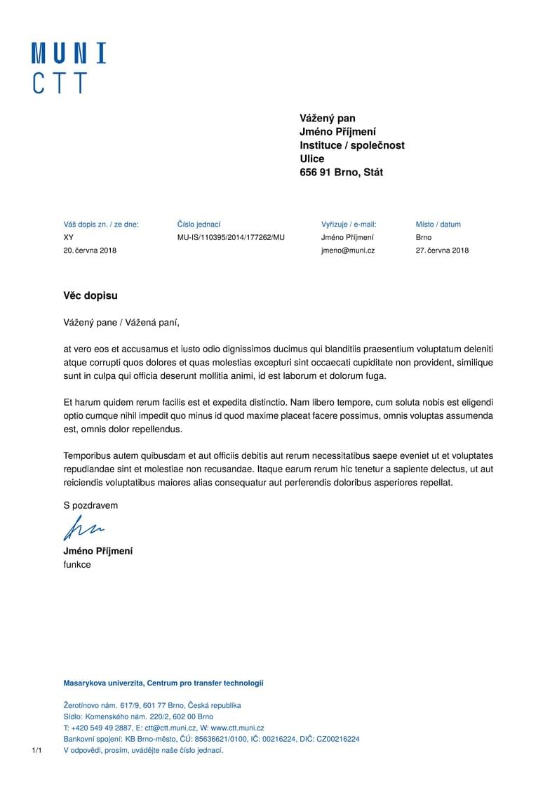 A Letter Template for the Technology Transfer Office at the Masaryk University in Brno
