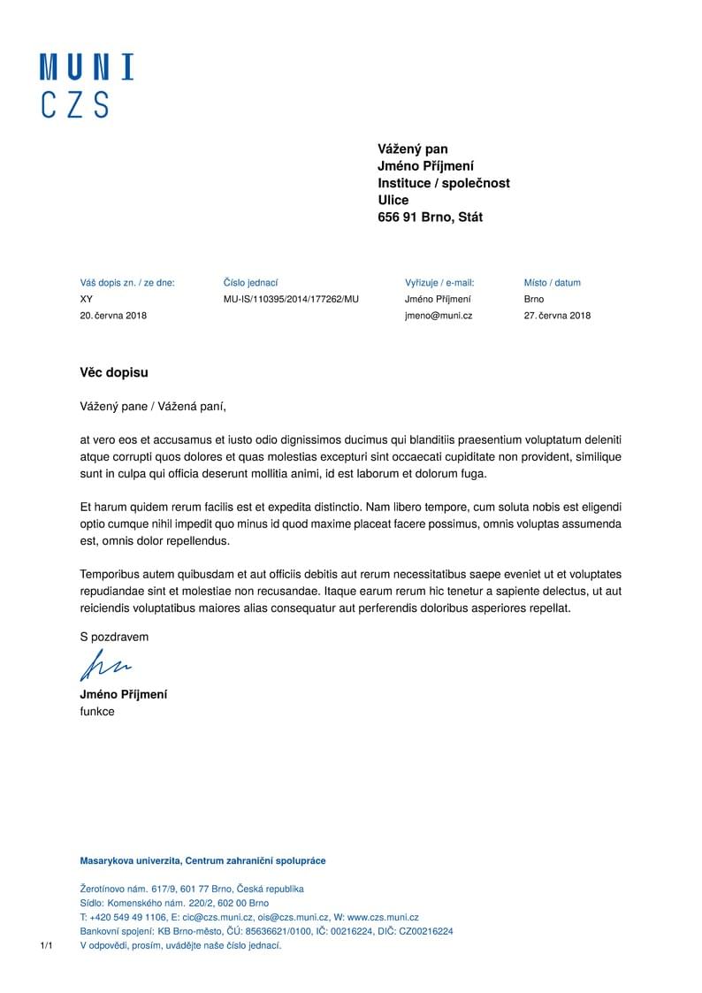 A Letter Template for the Centre for International Cooperation at the Masaryk University in Brno