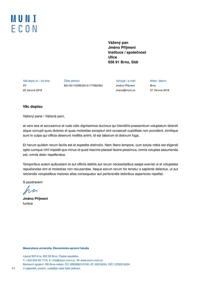 A Letter Template for the Faculty of Economics and Administration at the Masaryk University in Brno