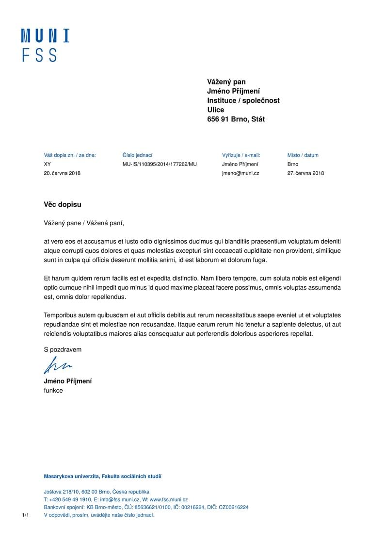 A Letter Template for the Faculty of Social Studies at the Masaryk University in Brno