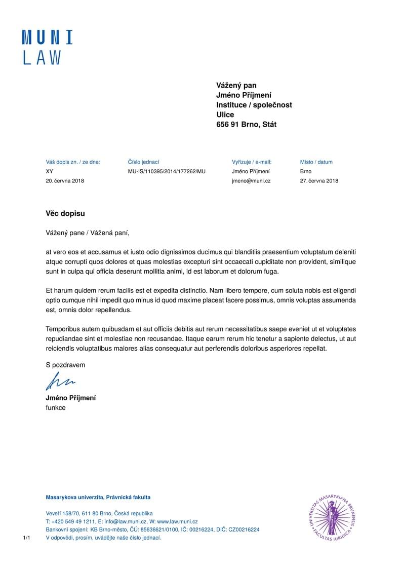 A Letter Template for the Faculty of Law at the Masaryk University in Brno