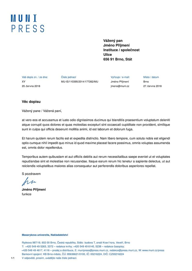 A Letter Template for the Masaryk University Press