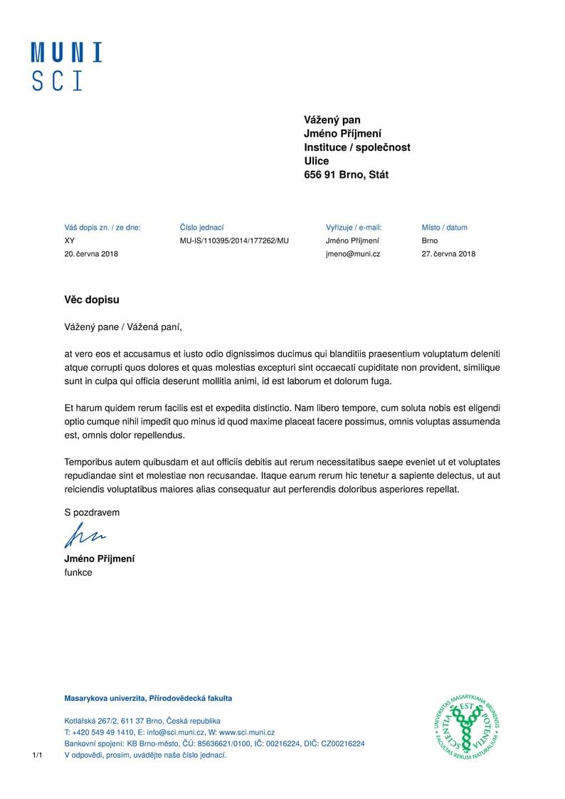 A Letter Template for the Faculty of Science at the Masaryk University in Brno