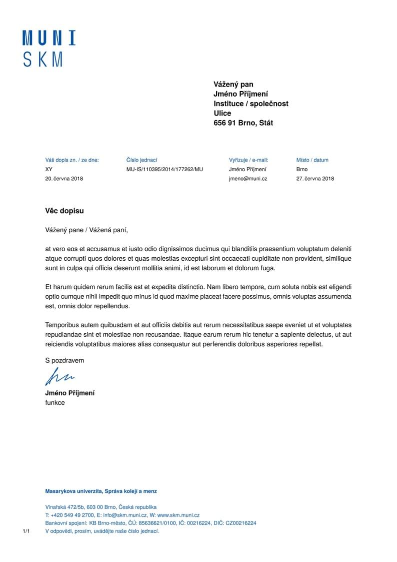 A Letter Template for the Accomodation and Catering Services at the Masaryk University in Brno