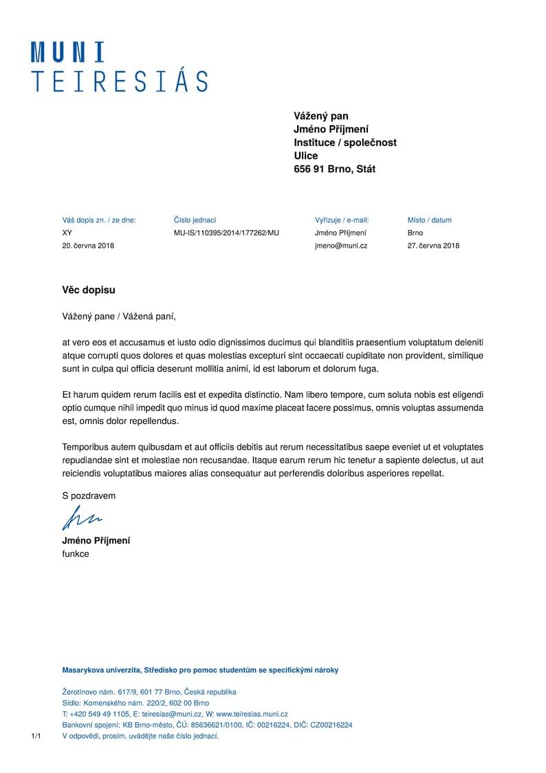 A Letter Template for the Support Centre for Students with Special Needs at the Masaryk University in Brno