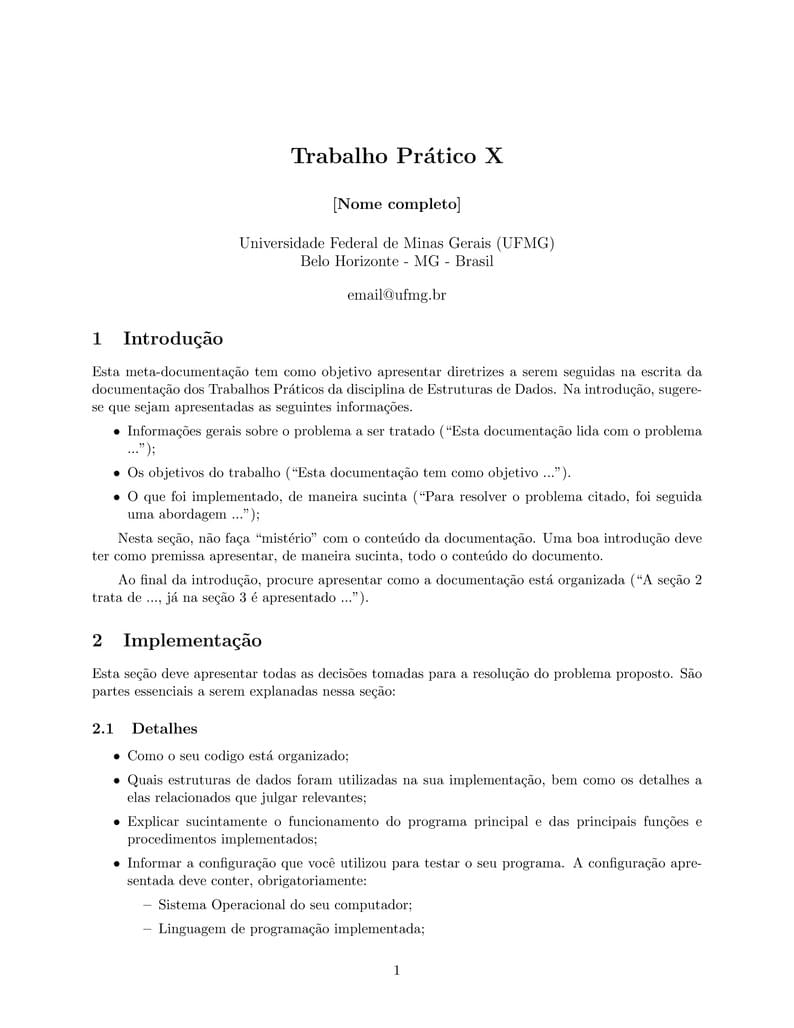 UFMG Estruturas de Dados - Modelo geral de documentação para TP