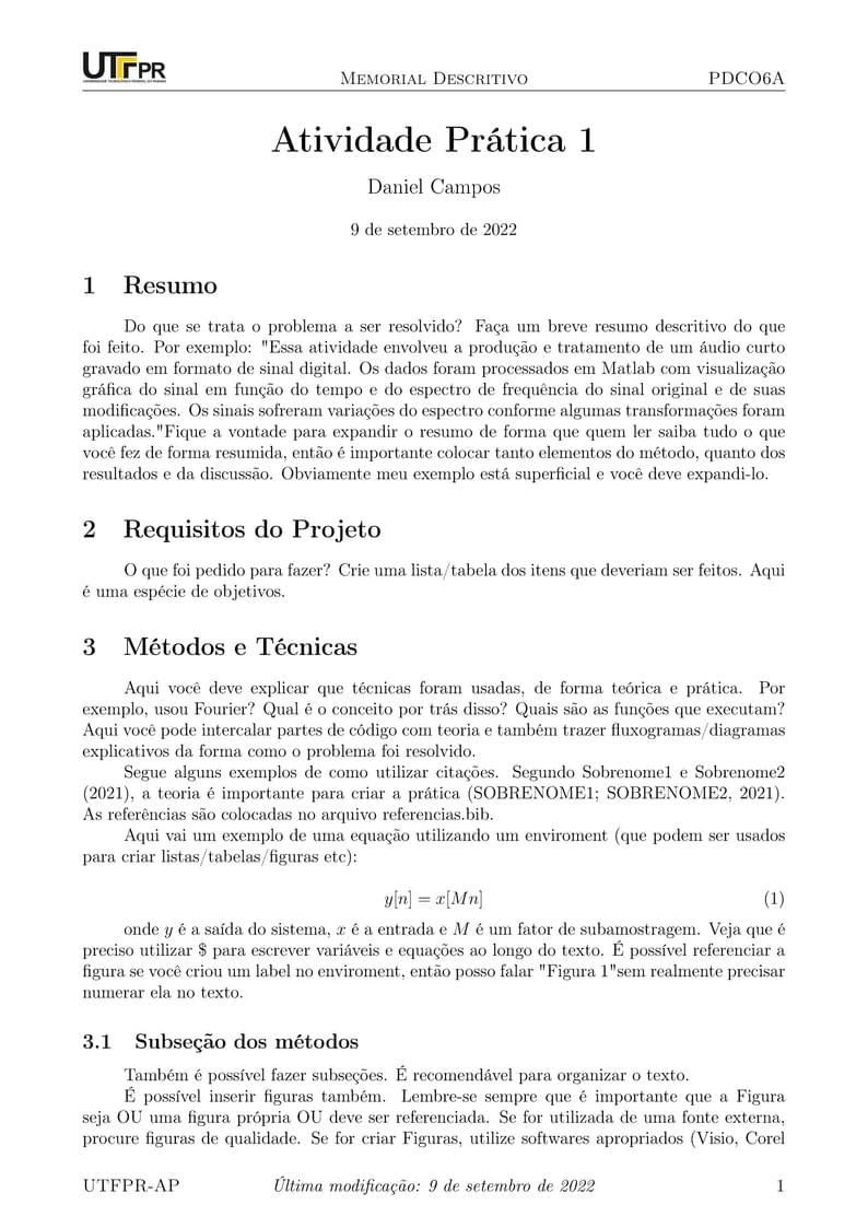 Template para Relatório Técnico - Memorial Descritivo - UTFPR
