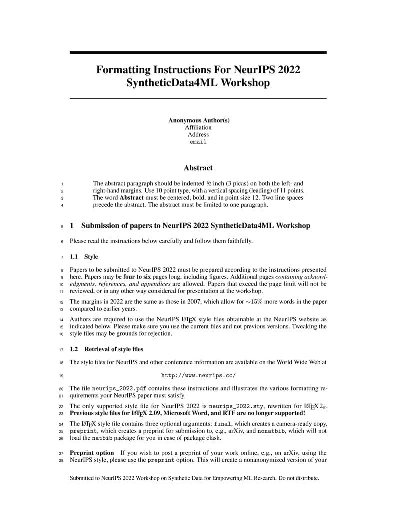 Template for NeurIPS 2022 Workshop on Synthetic Data for Empowering ML Research