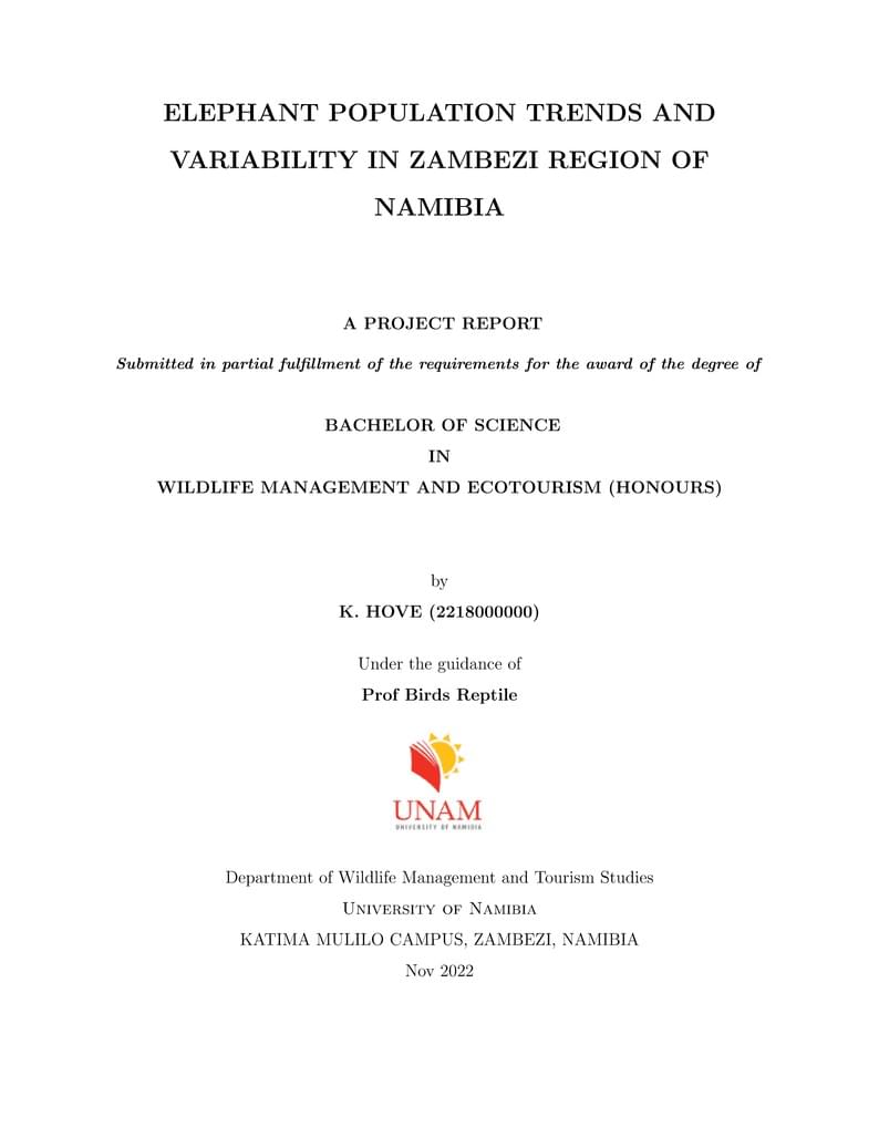 UNAM Department of Wildlife Management & Tourism Studies Project Cover page