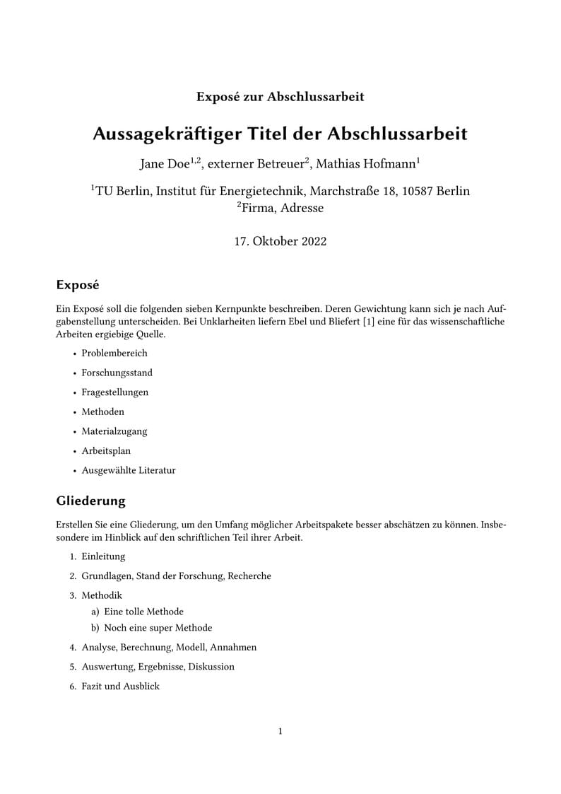 TU Berlin Fachgebiet Energietechnik und Umweltschutz Vorlage Exposé