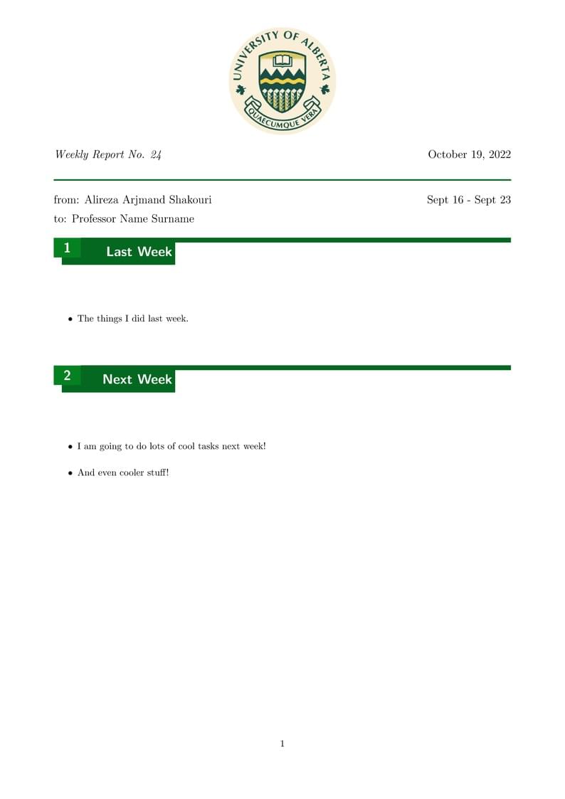 University of Alberta weekly report template
