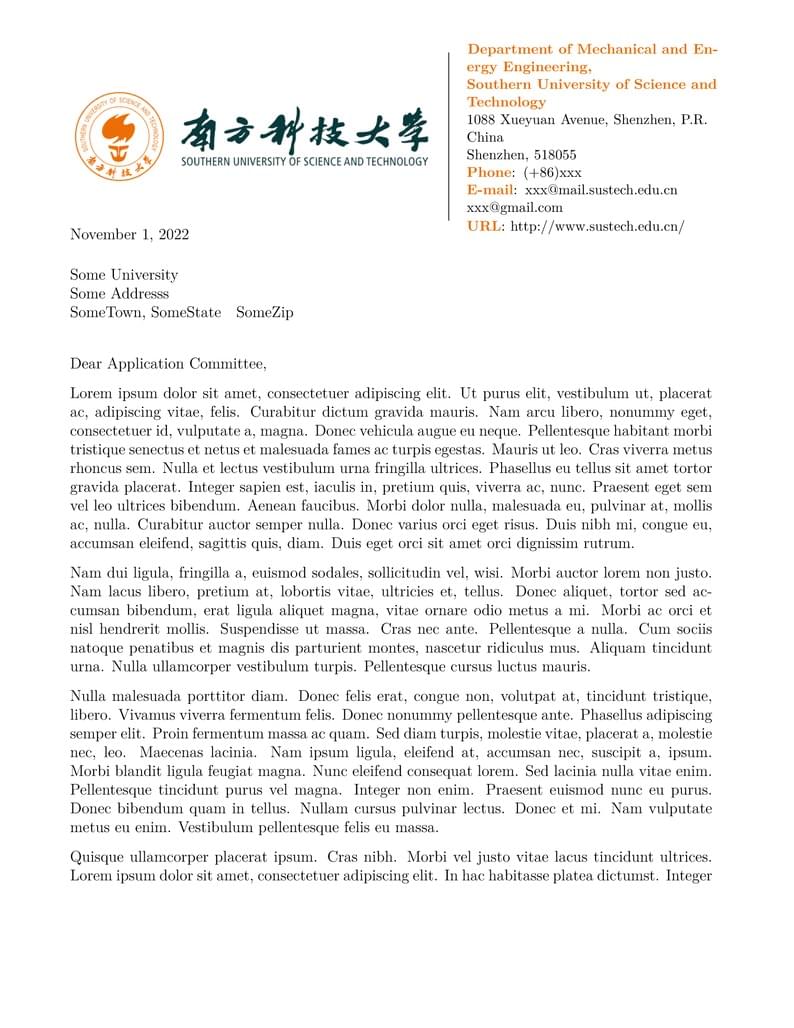 SUSTech Recommendation Letter Template