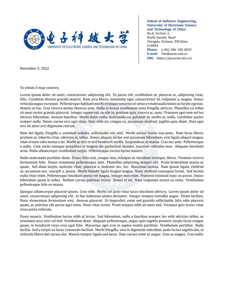 UESTC Recommendation Letter Template