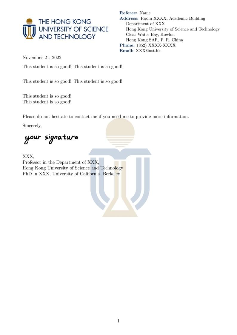 HKUST Reference Letter Template