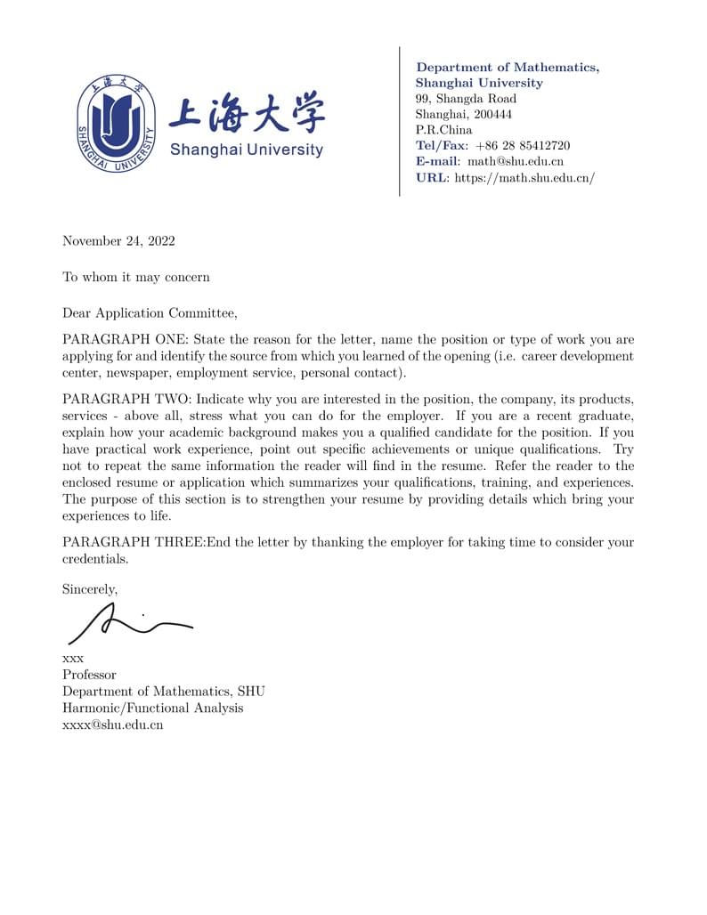 SHU Recommendation Letter Template