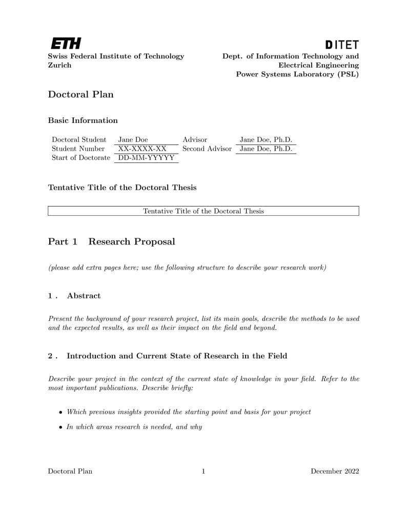 Doctoral Plan Template PSL ETHZ