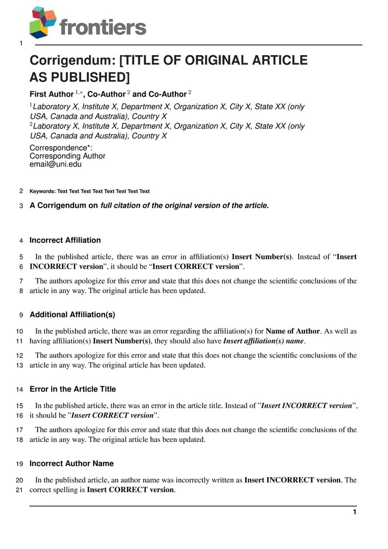 Frontiers Corrigendum Template