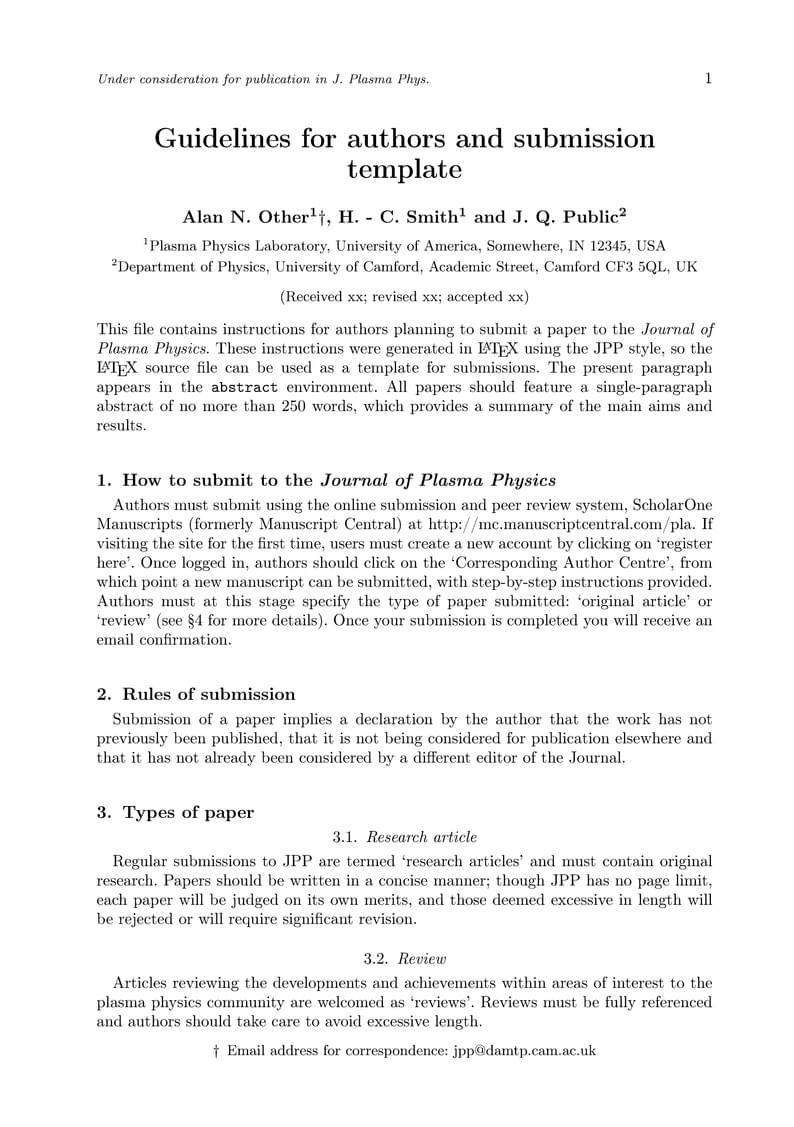 PLA - LaTeX Template for Journal of Plasma Physics