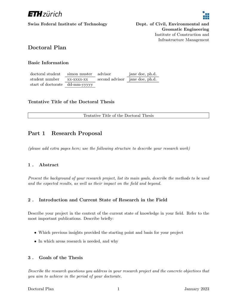 Doctoral Plan Template IBI ETHZ