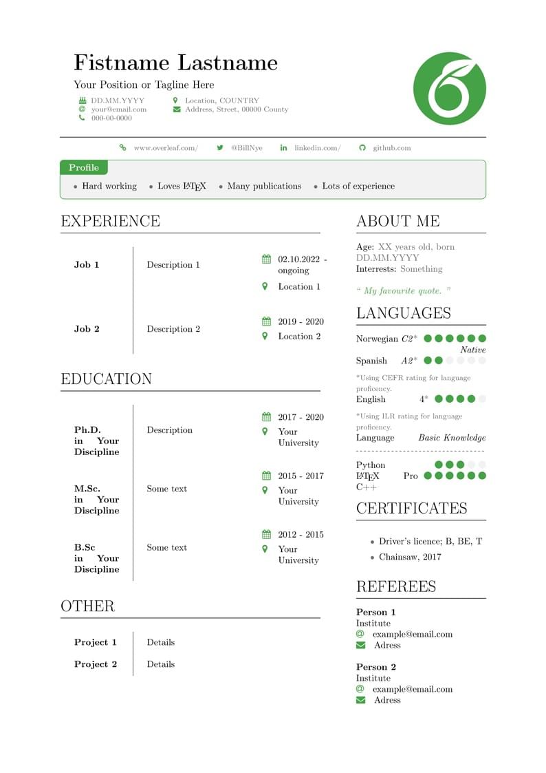 Extensive, adjustable Curriculum Vitae (CV)