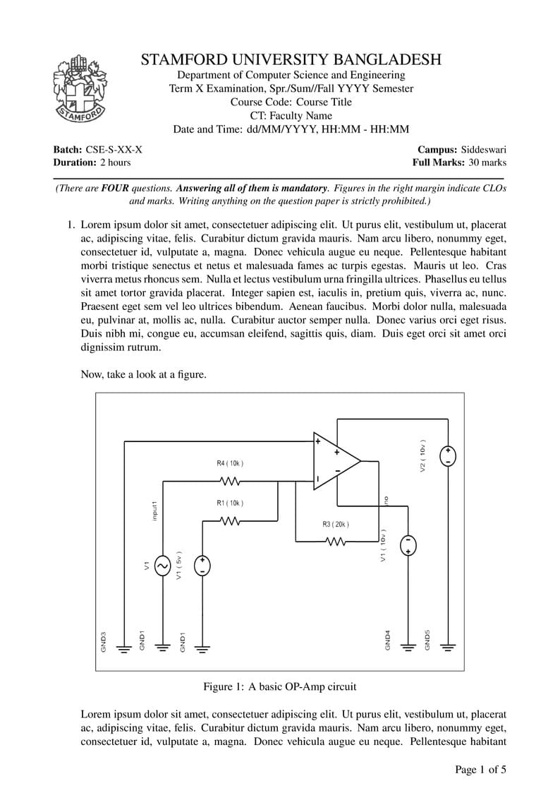 Question Paper Template for Department of CSE, Stamford University Bangladesh