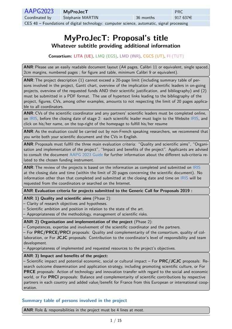 Unofficial Template for ANR proposals