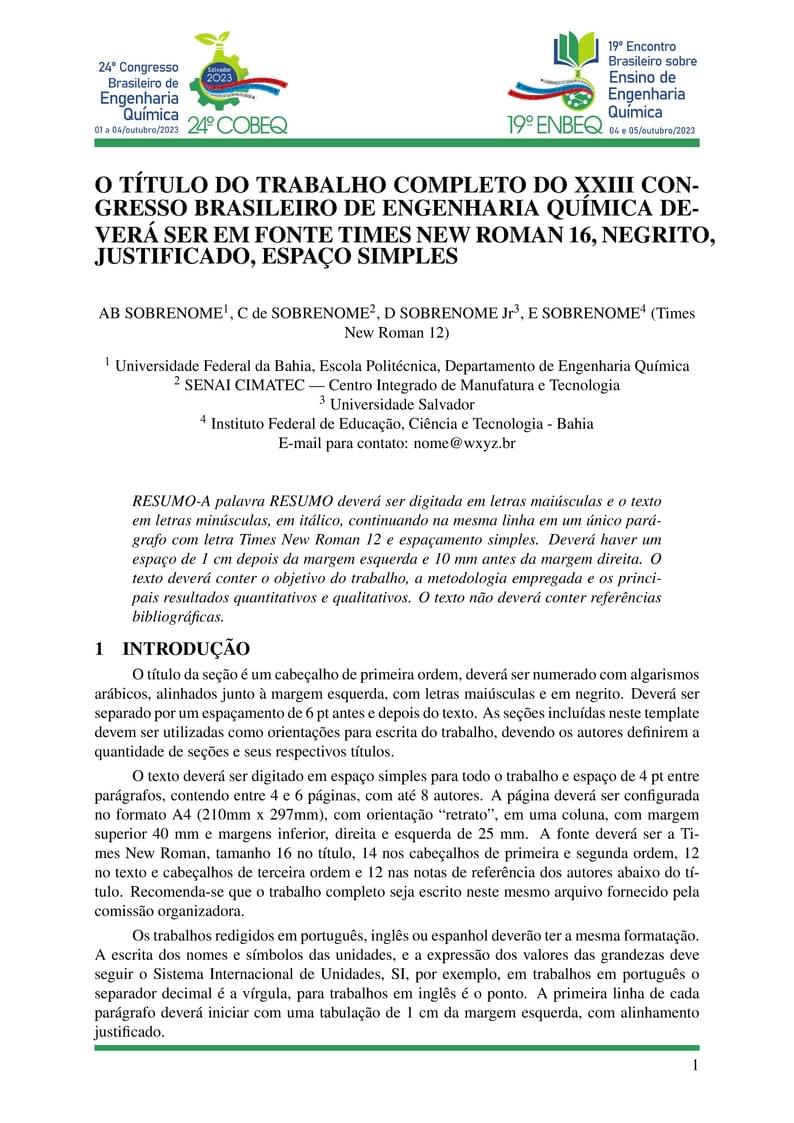 Template para Trabalhos no 24° COBEQ & 19° ENBEQ 2023