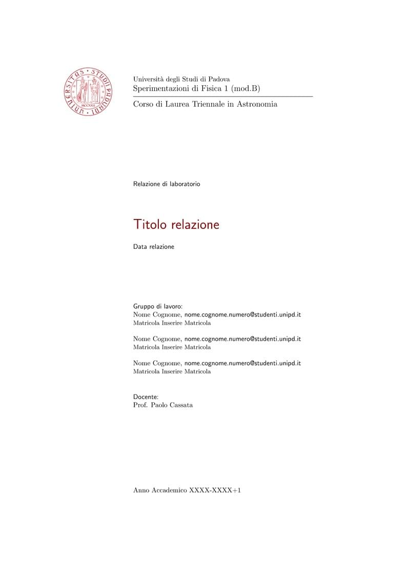 Template Relazione di Laboratorio I° Anno DFA UniPD