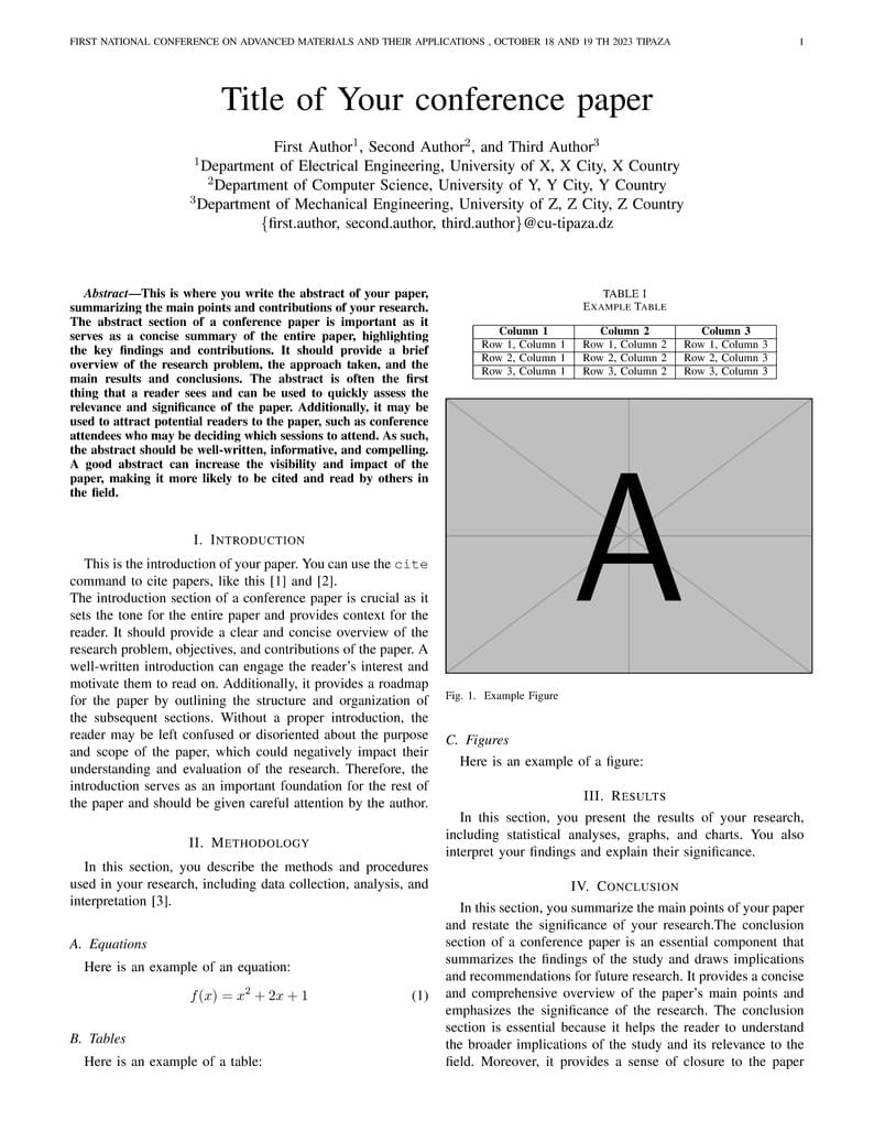 Latex Conference template for the First National Conference On Advanced Materials and their Applications