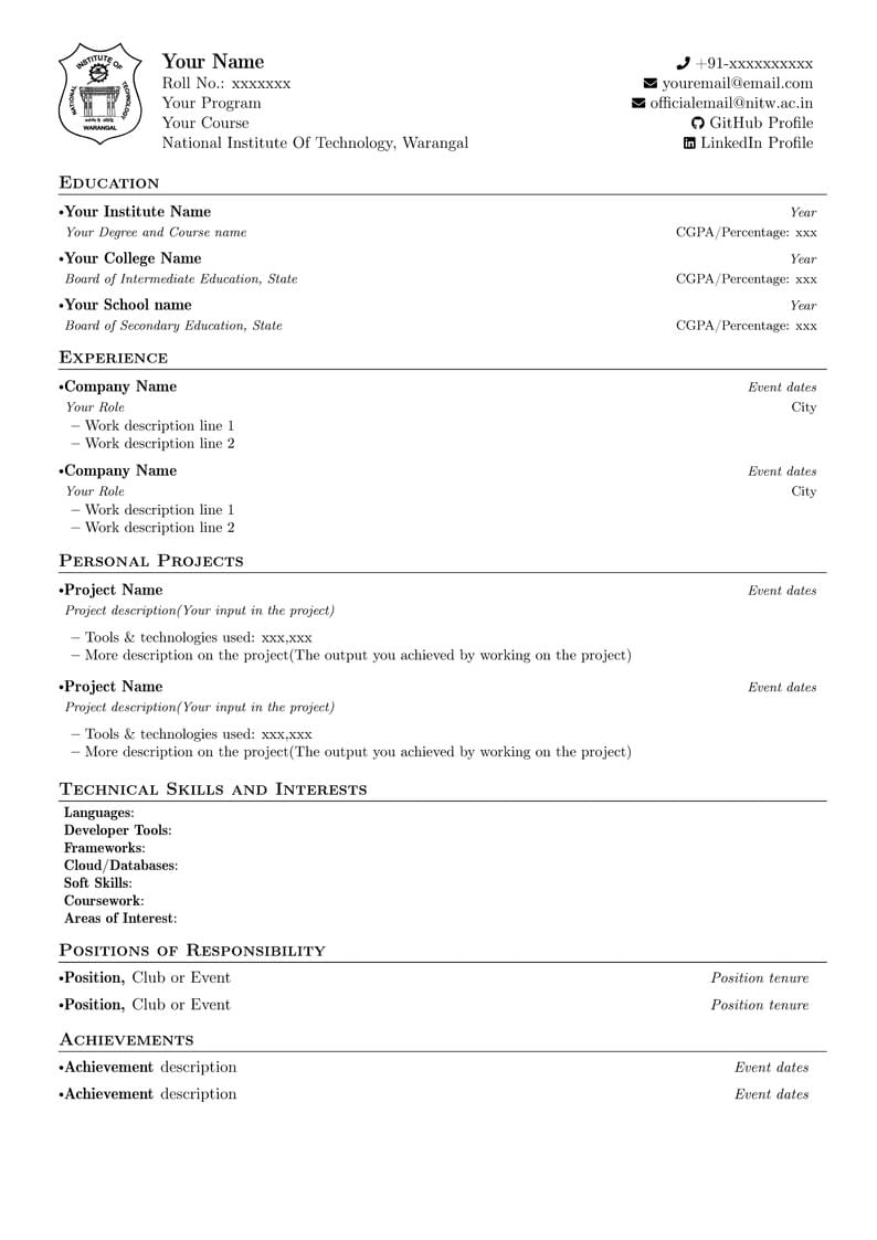 NIT Warangal Resume
