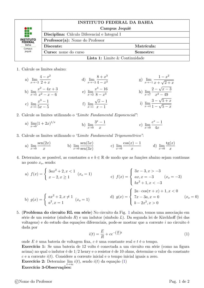 Template de Lista de Exercícios