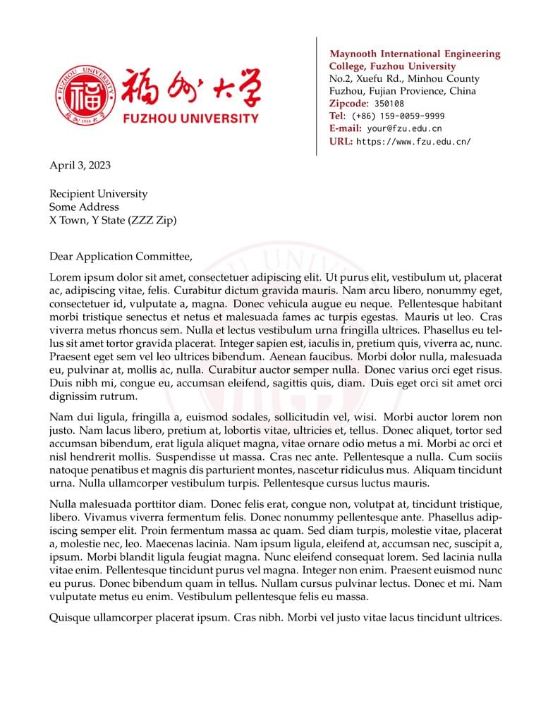 FZU Cover Letter Template