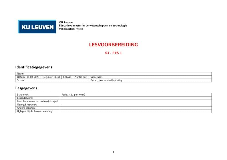 Lesvoorbereidingsformulier vakdidactiek fysica KU Leuven