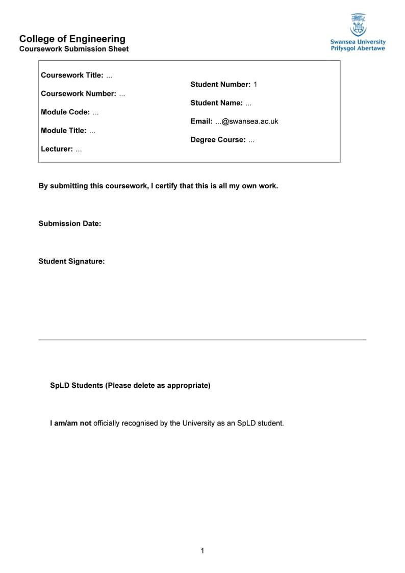 Swansea University - Coursework Template