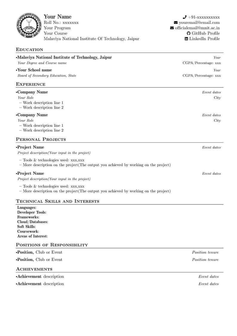 MNIT Jaipur Resume Template