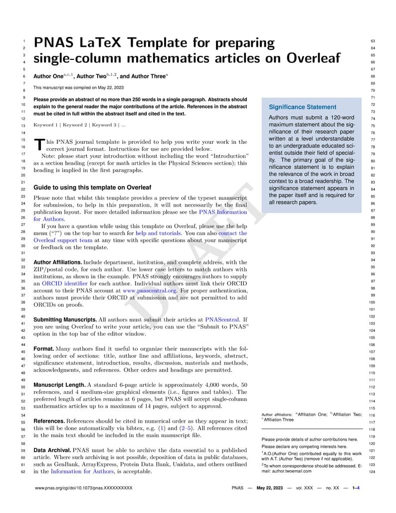 PNAS LaTeX Template for preparing single-column mathematics articles on Overleaf (2023)