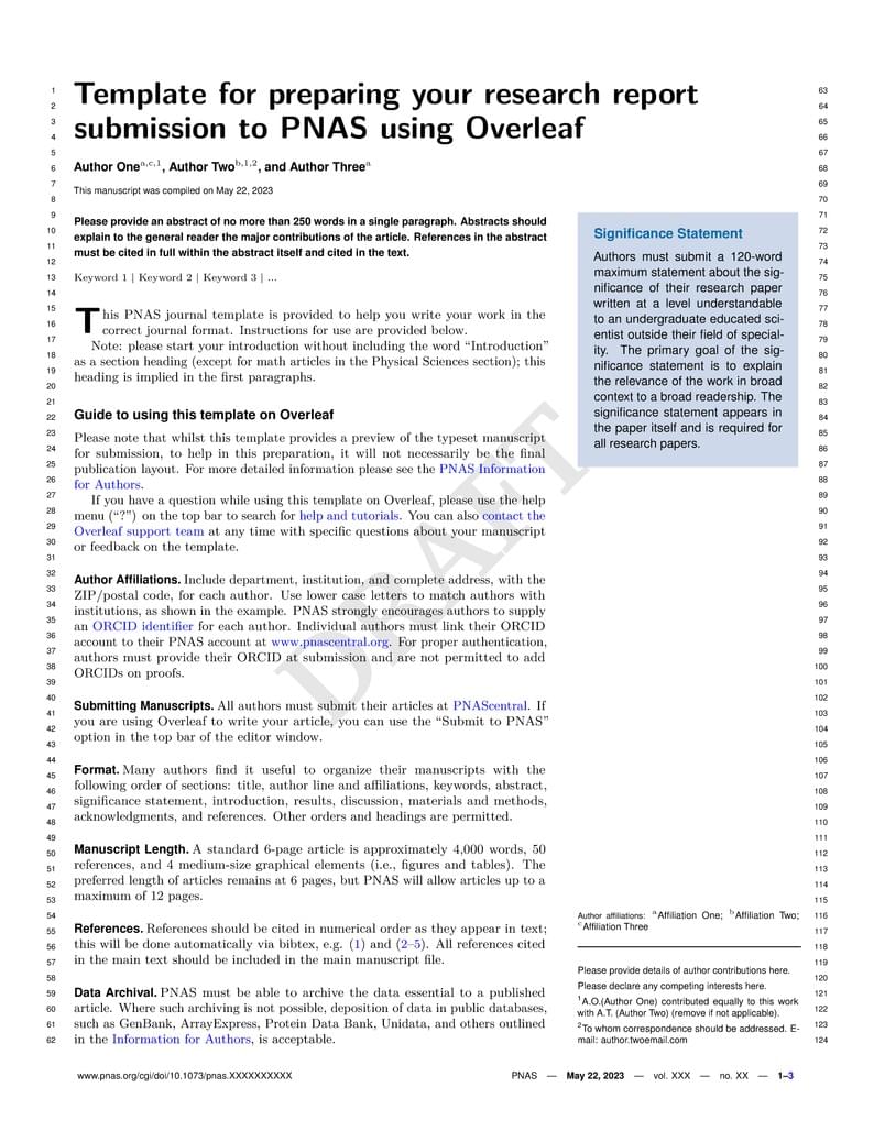 Template for preparing your research report submission to PNAS using Overleaf (2023)