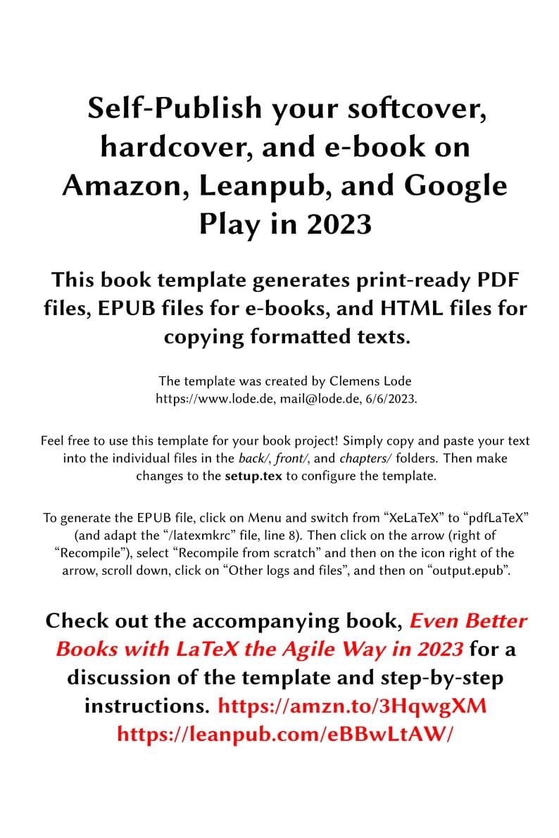 Book Template for Amazon KDP, Leanpub, and Google Play (e-book and PDF) 2023