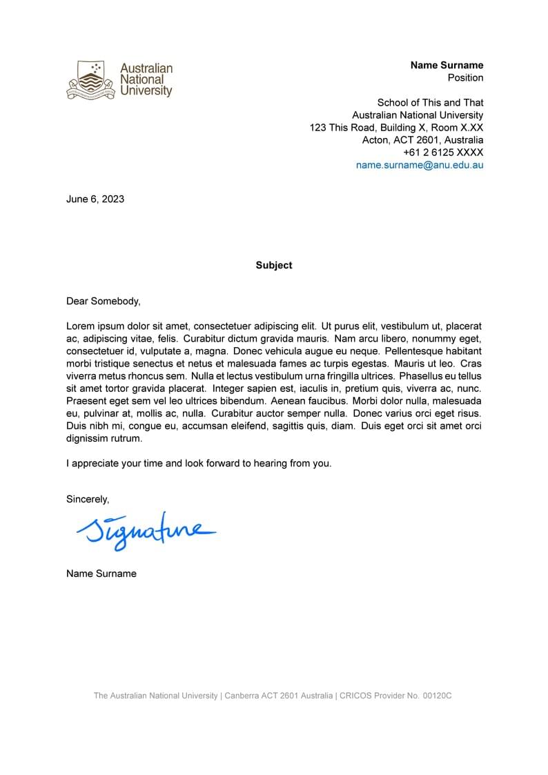 ANU letter template