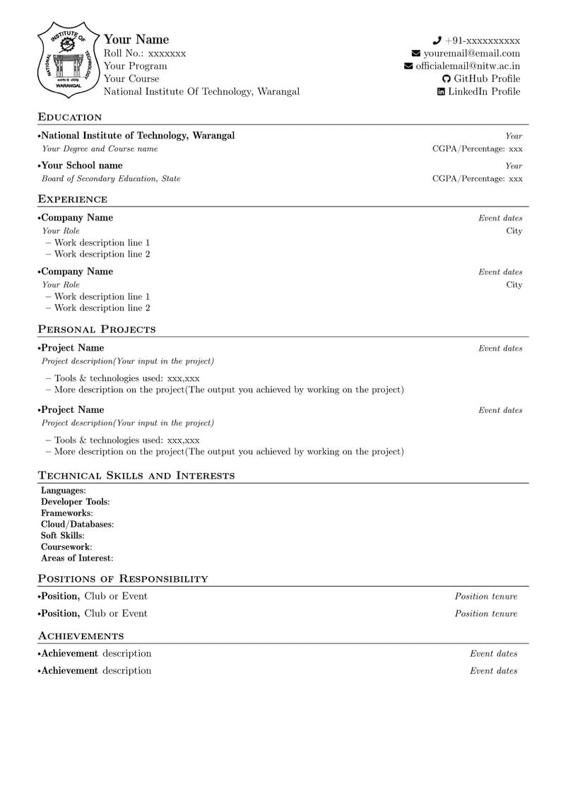 NIT Warangal Resume Template
