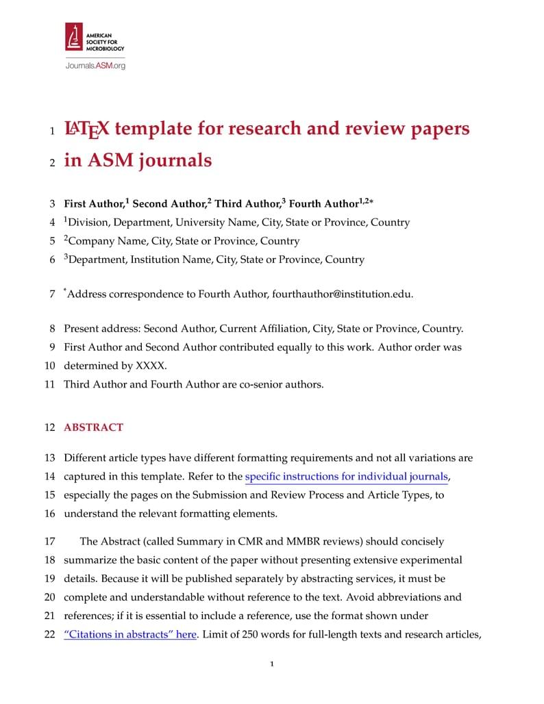 LaTeX template for research and review papers in ASM journals