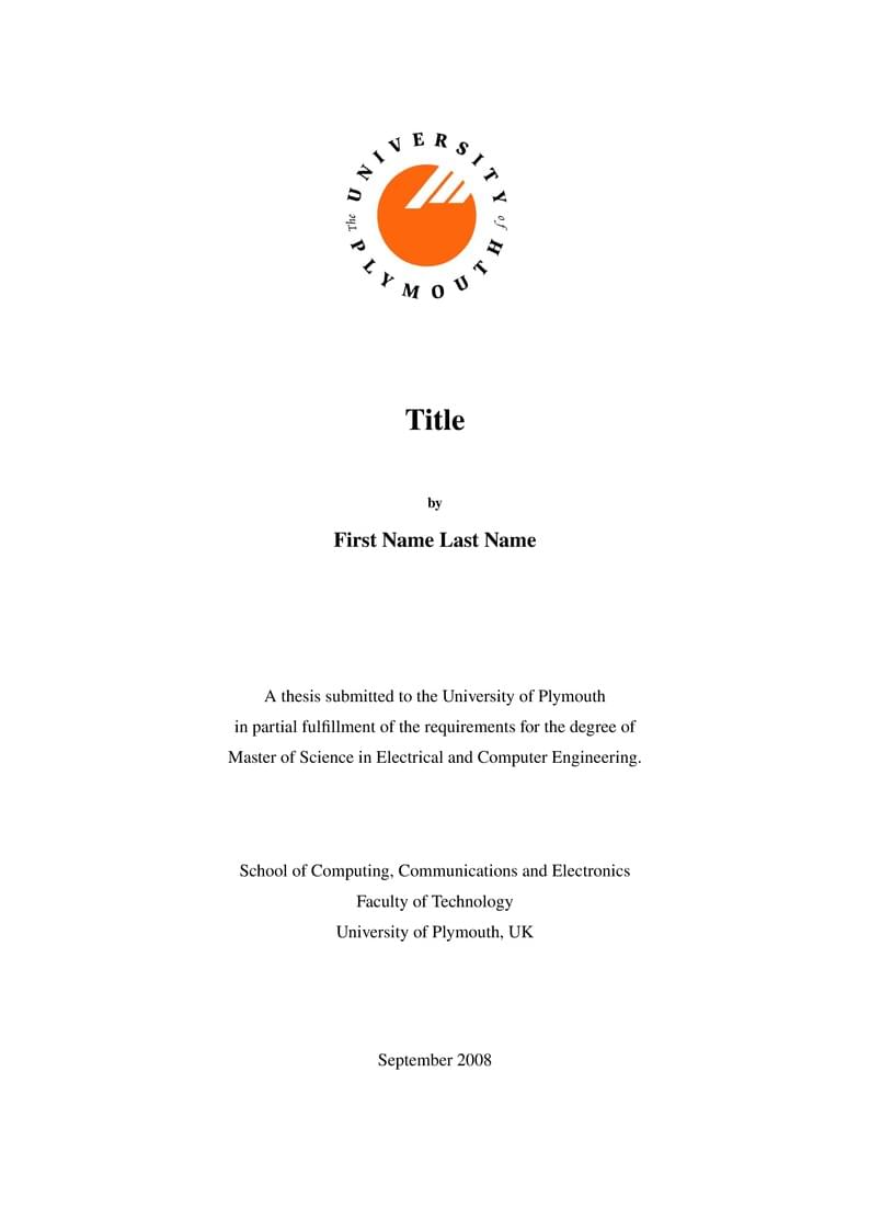 MSc thesis cover sheet template for the University of Plymouth with the old University logo